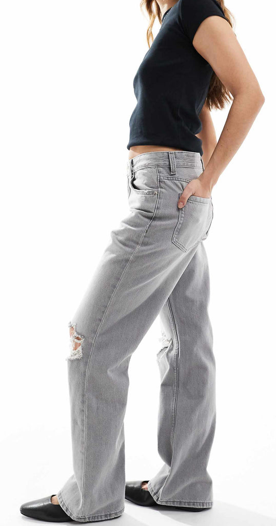 Stradivarius - Jean dad large déchiré - Bleu moyen