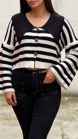 Cardigan Court Rayé Noir & Blanc