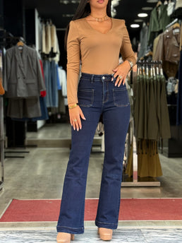 Body manches longues col V beige