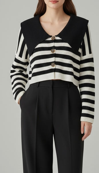 Cardigan Court Rayé Noir & Blanc