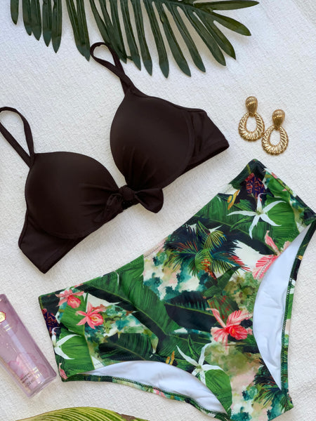 Maillot deux pièces imprimée détail noué marron