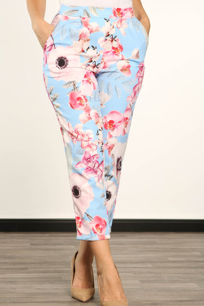Pantalon taille haute à motifs fleurs bleu